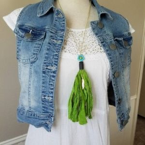 Green Indian Sari Silk Tassel Necklace